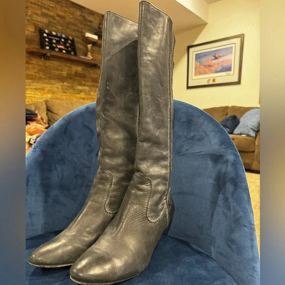 Frye Shoes - Frye Steffi Back Zip Knee High Gray Leather Boot with Kitten Heel.